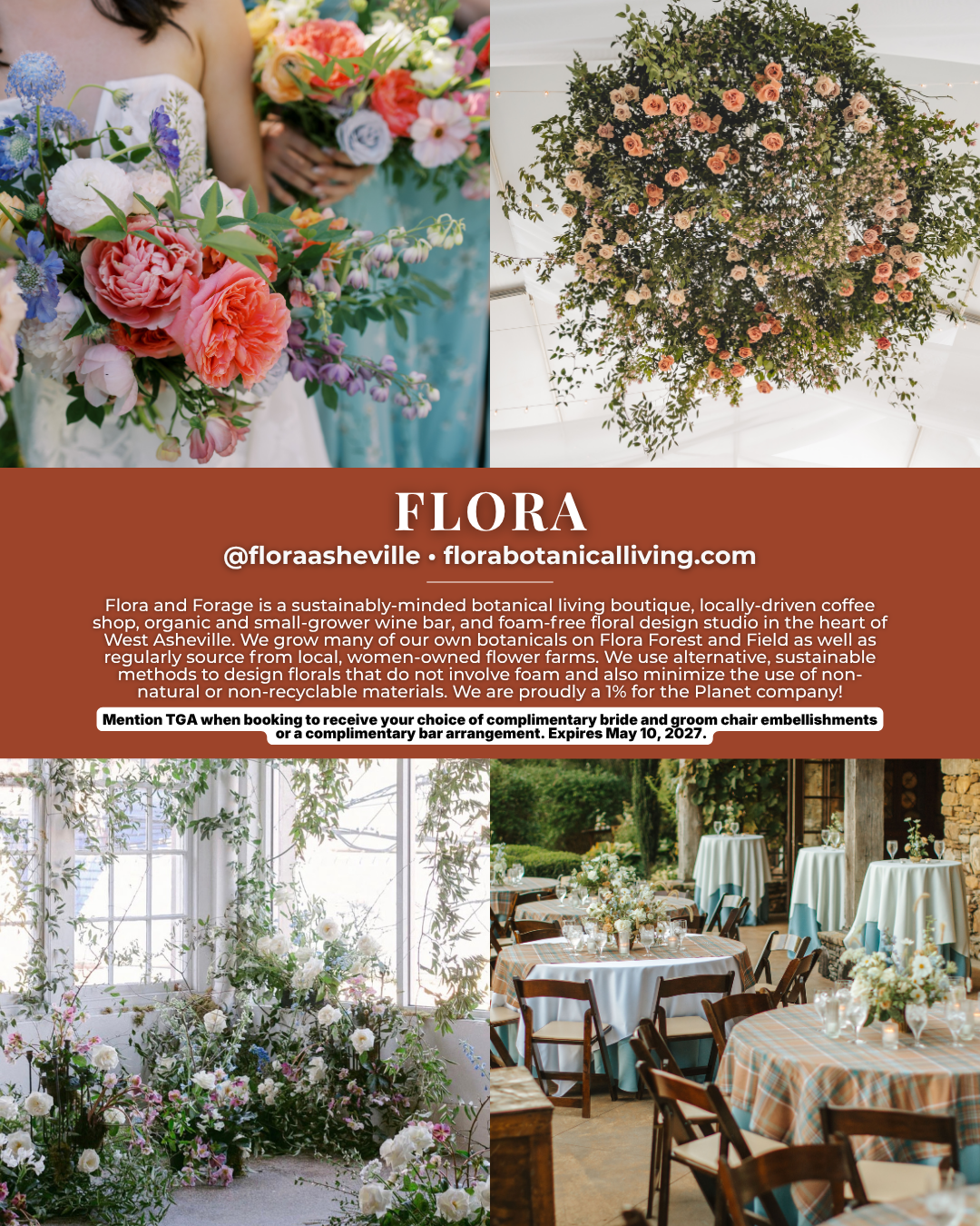 Flora, an Asheville wedding florist specializing in sustainable floral design, bridal bouquets, ceremony florals, and reception arrangements for weddings in Western North Carolina.