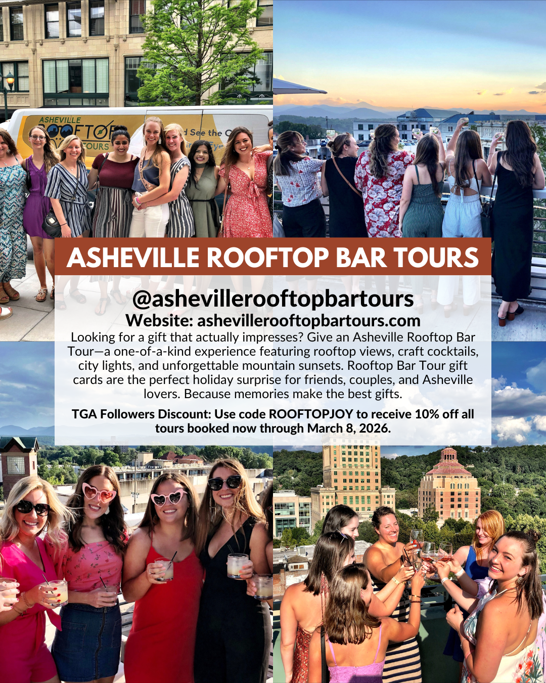 Asheville Rooftop Bar Tours offering guided rooftop experiences with mountain views, cocktails, and holiday gift cards.