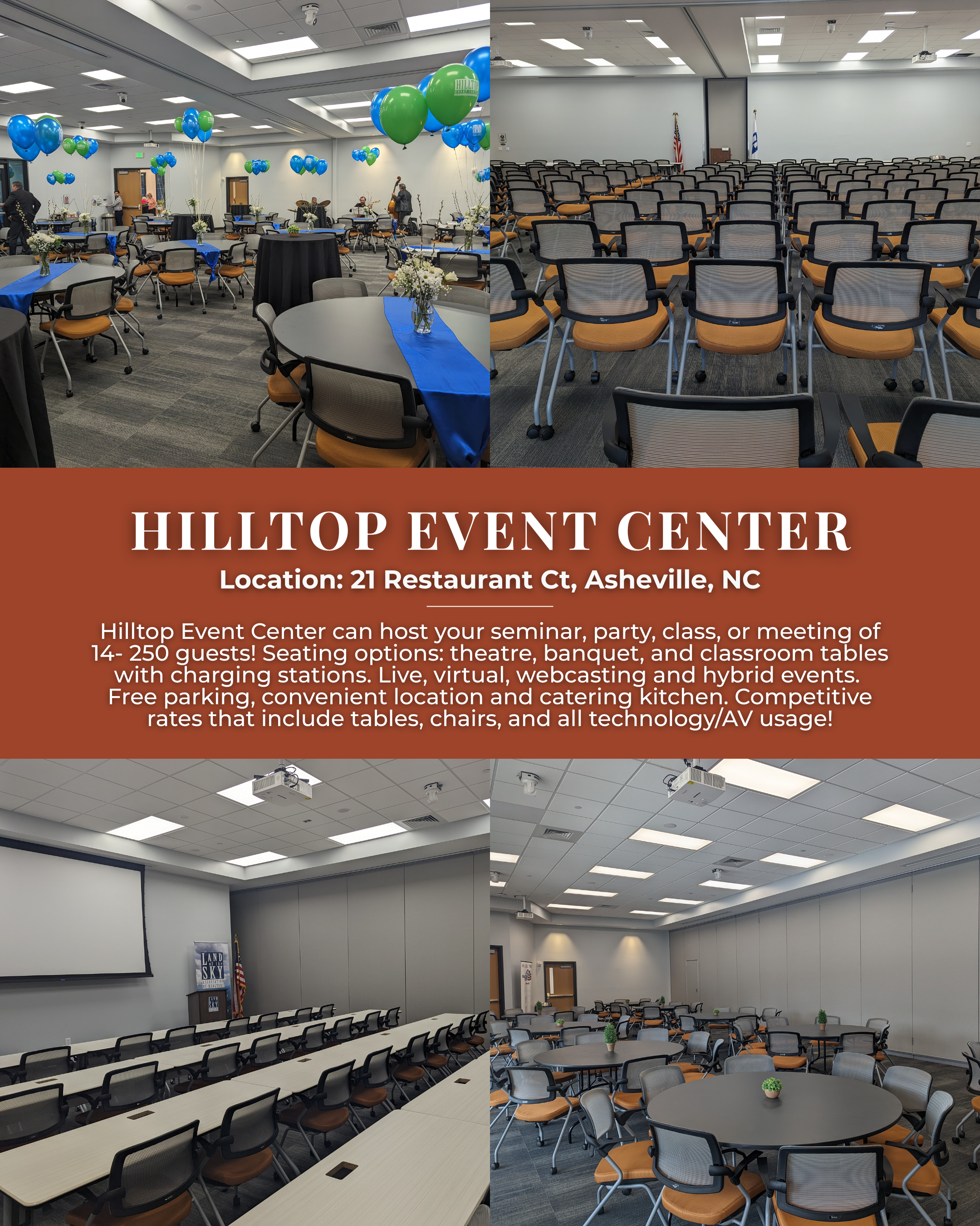 Hilltop Event Center in Asheville North Carolina featuring large event space, conference seating, banquet setup, and meeting venue for corporate events and gatherings