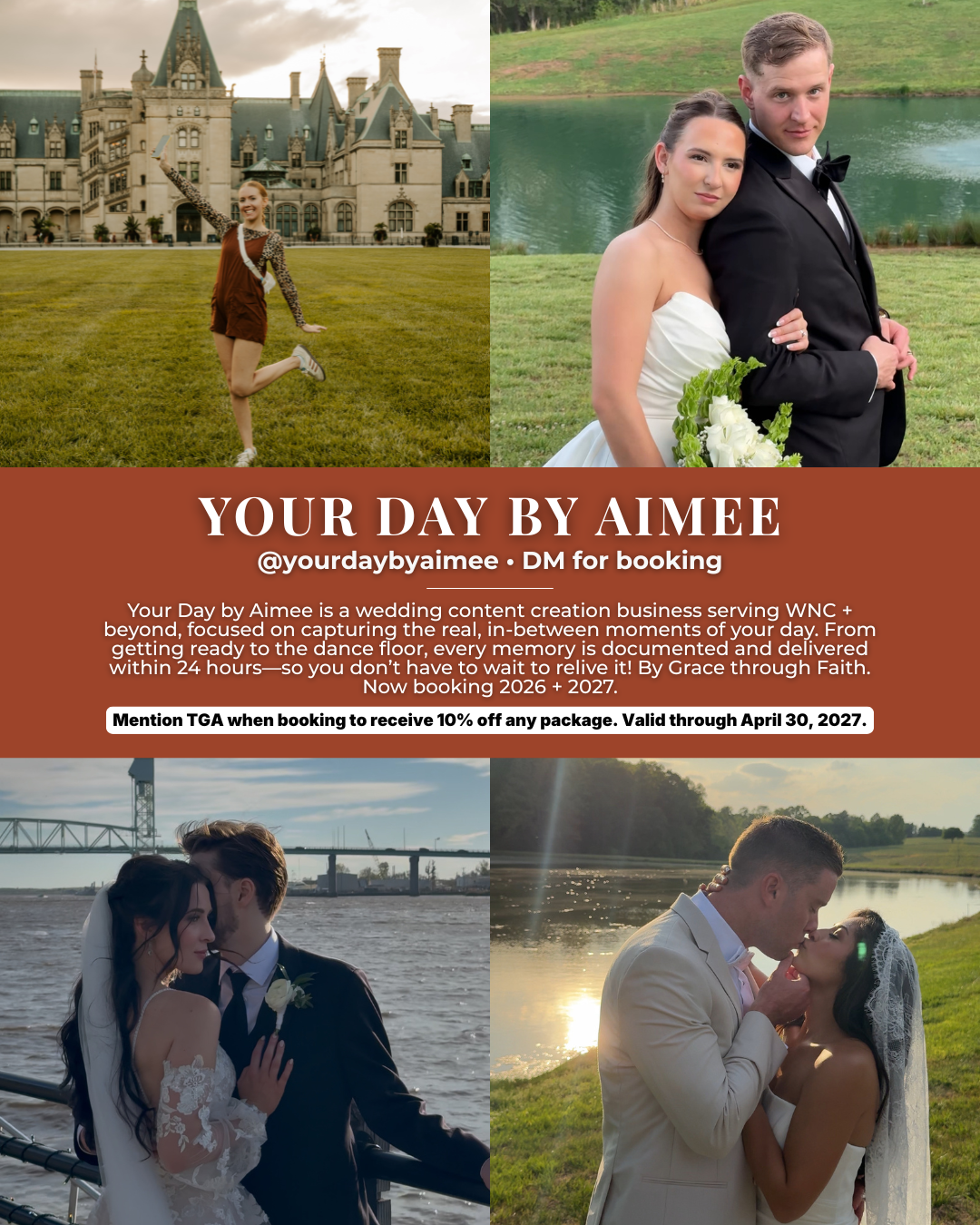 Your Day by Aimee, an Asheville wedding content creator serving Western North Carolina couples with behind-the-scenes wedding content, candid moments, and 24-hour delivery.