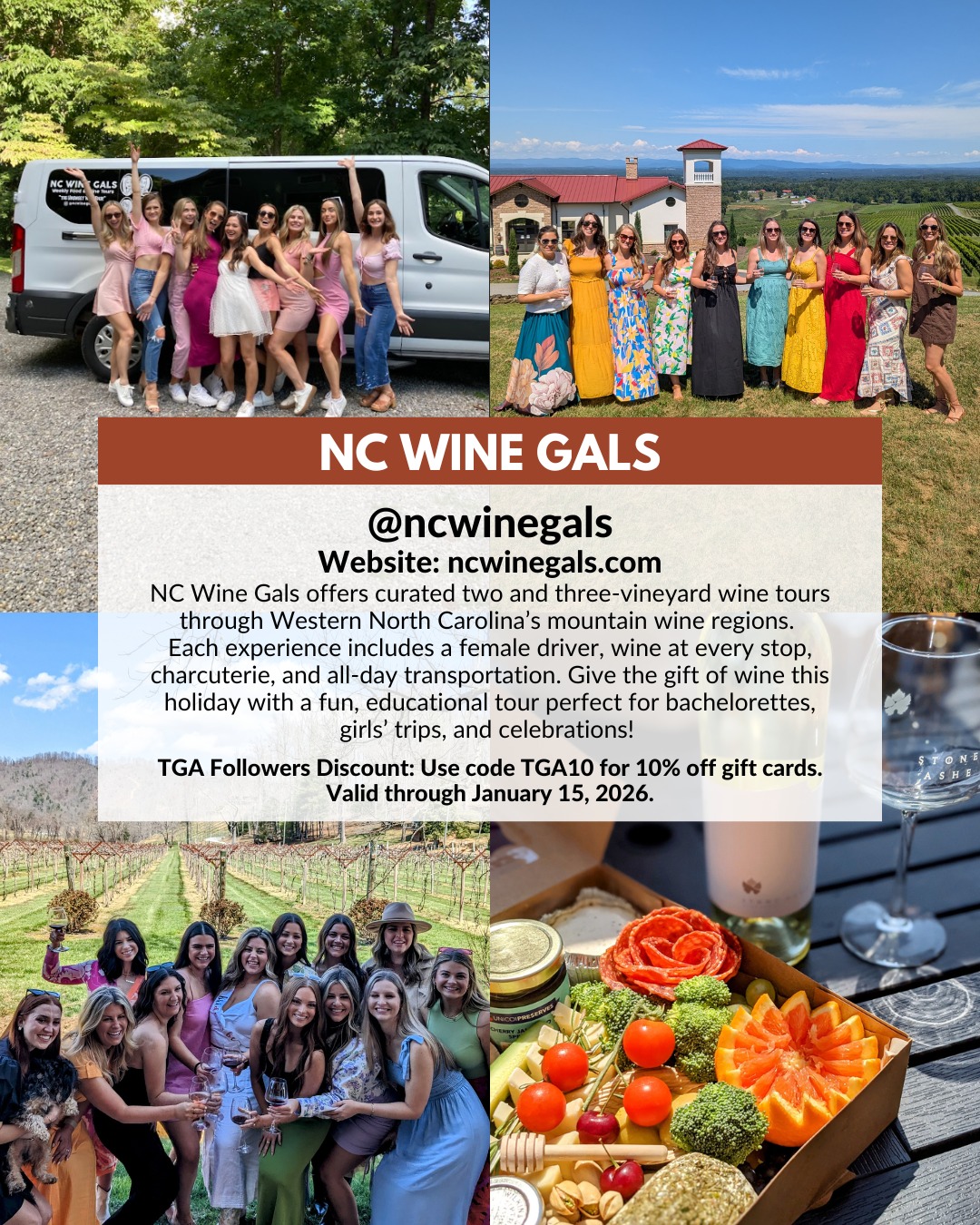 NC Wine Gals offering Asheville-area wine tours with WNC vineyards, charcuterie, transportation, and holiday gift cards.