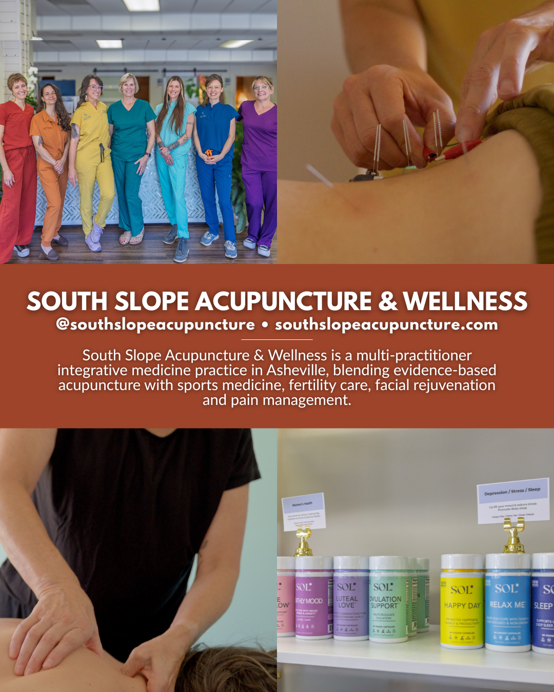 South Slope Acupuncture & Wellness in Asheville, NC, featuring its acupuncture practitioners, acupuncture treatment, integrative wellness services, and supplements.