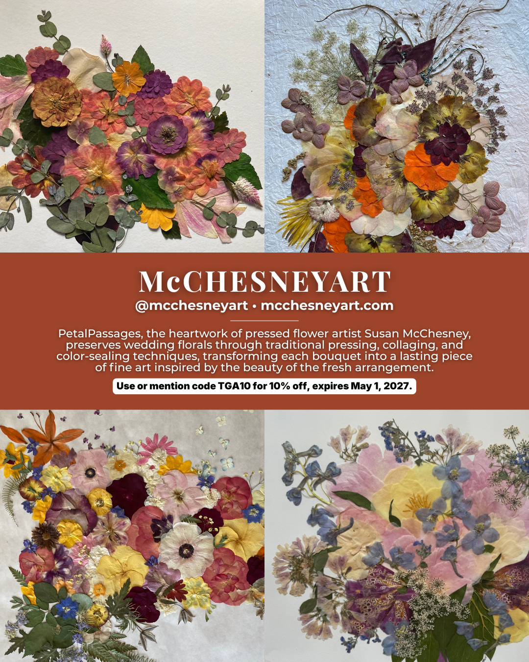 McChesneyArt, an Asheville pressed flower artist specializing in wedding flower preservation, pressed bridal bouquets, and custom floral keepsake art for couples in Western North Carolina.