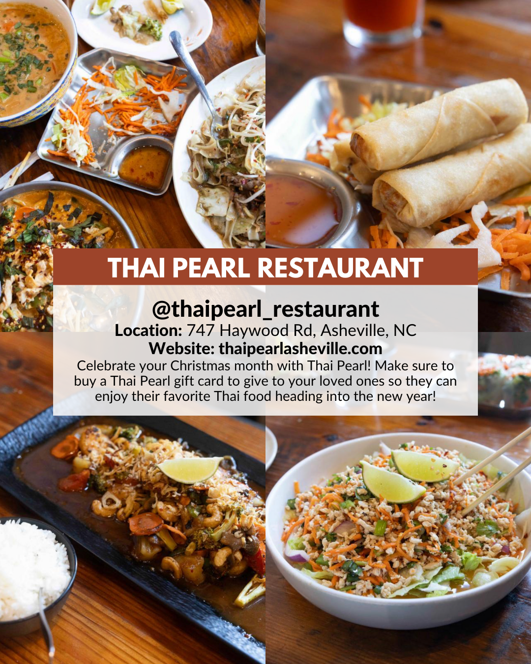 Thai Pearl in West Asheville, a women-led restaurant serving award-winning authentic Thai cuisine with vegan and gluten-free options and holiday gift cards.