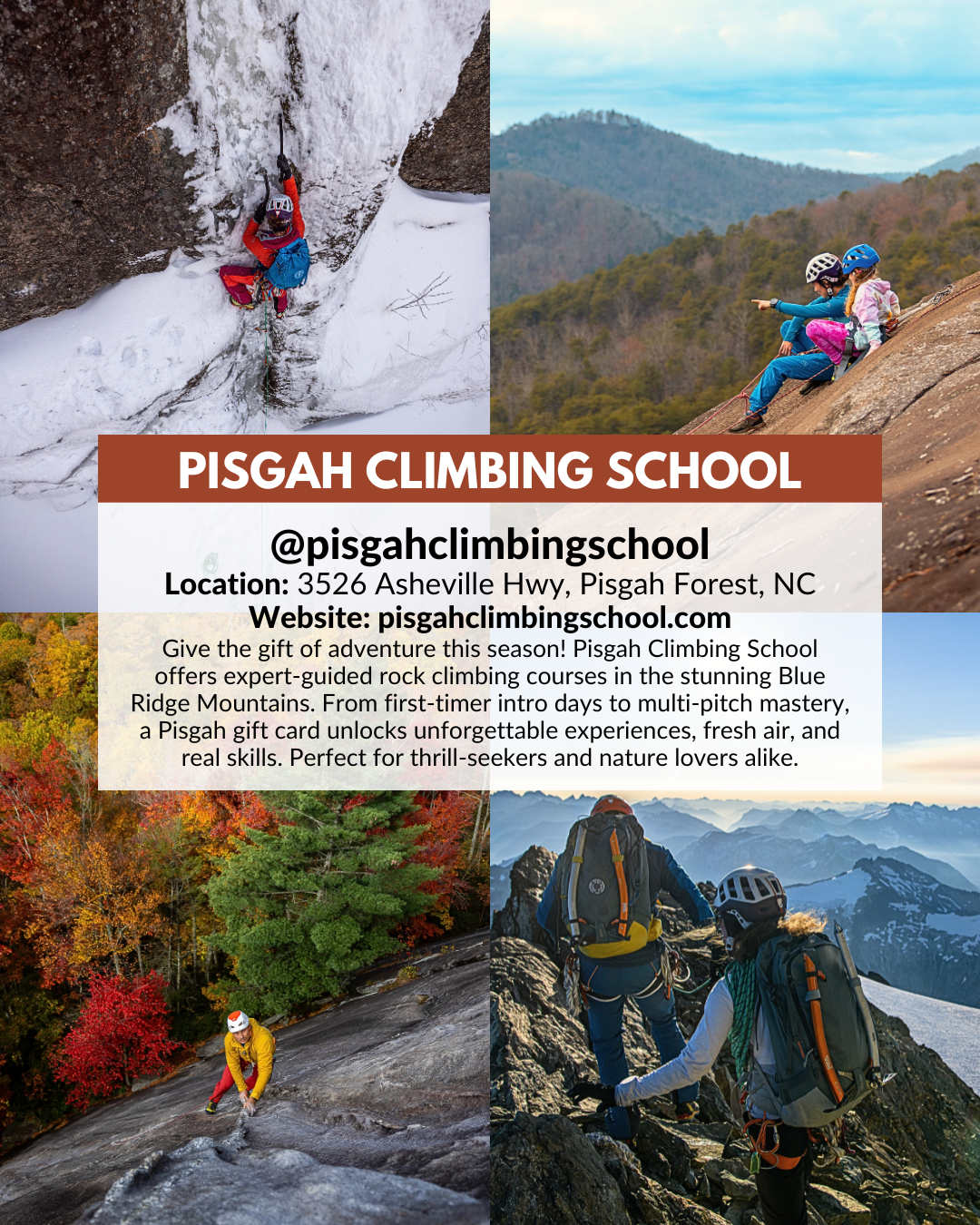 Pisgah Climbing School offering WNC rock climbing instruction and guided adventures with holiday gift cards.