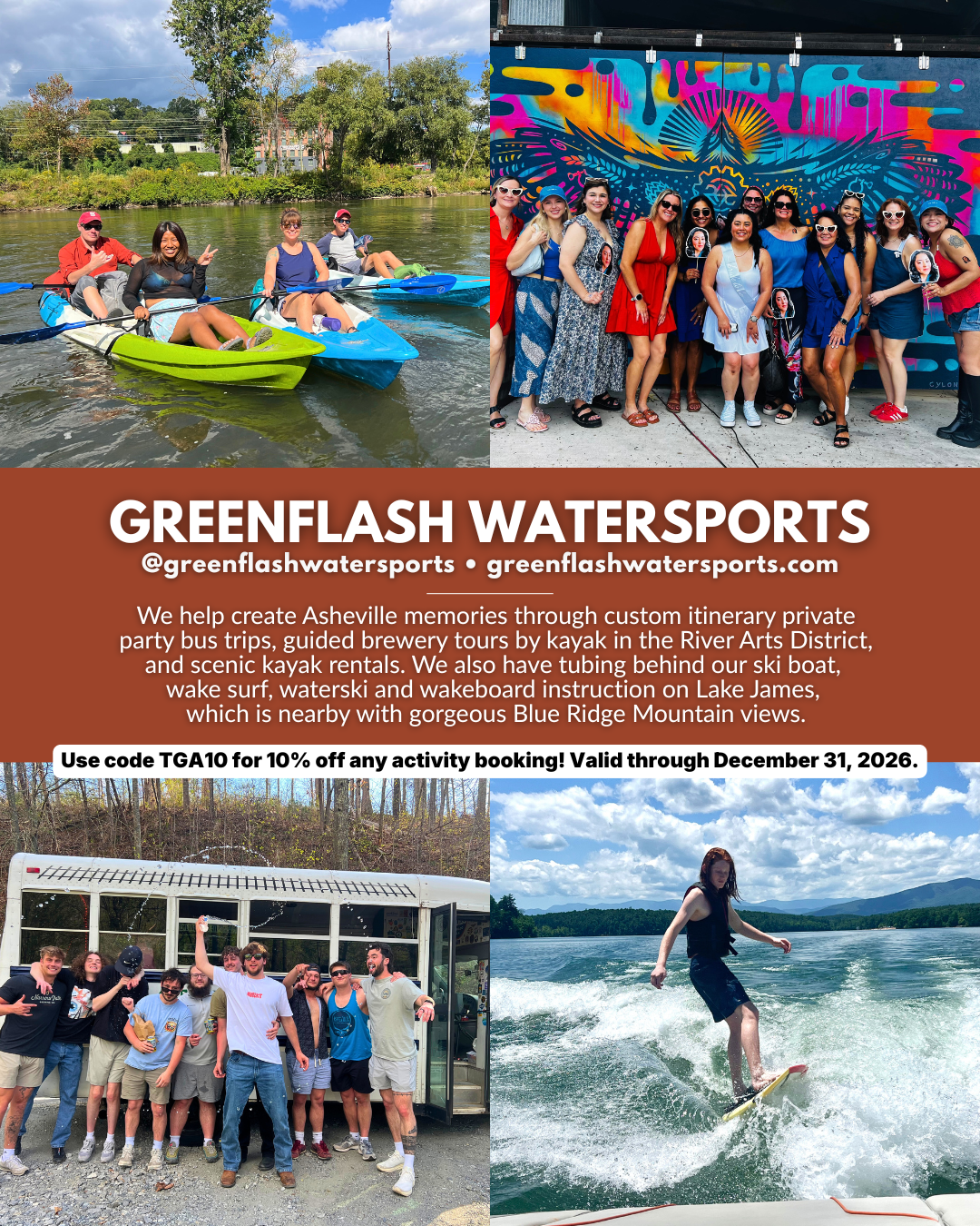 Greenflash Watersports in Asheville, NC, featuring guided kayaking, scenic kayak rentals, private party bus tours, and wakesurfing on Lake James.