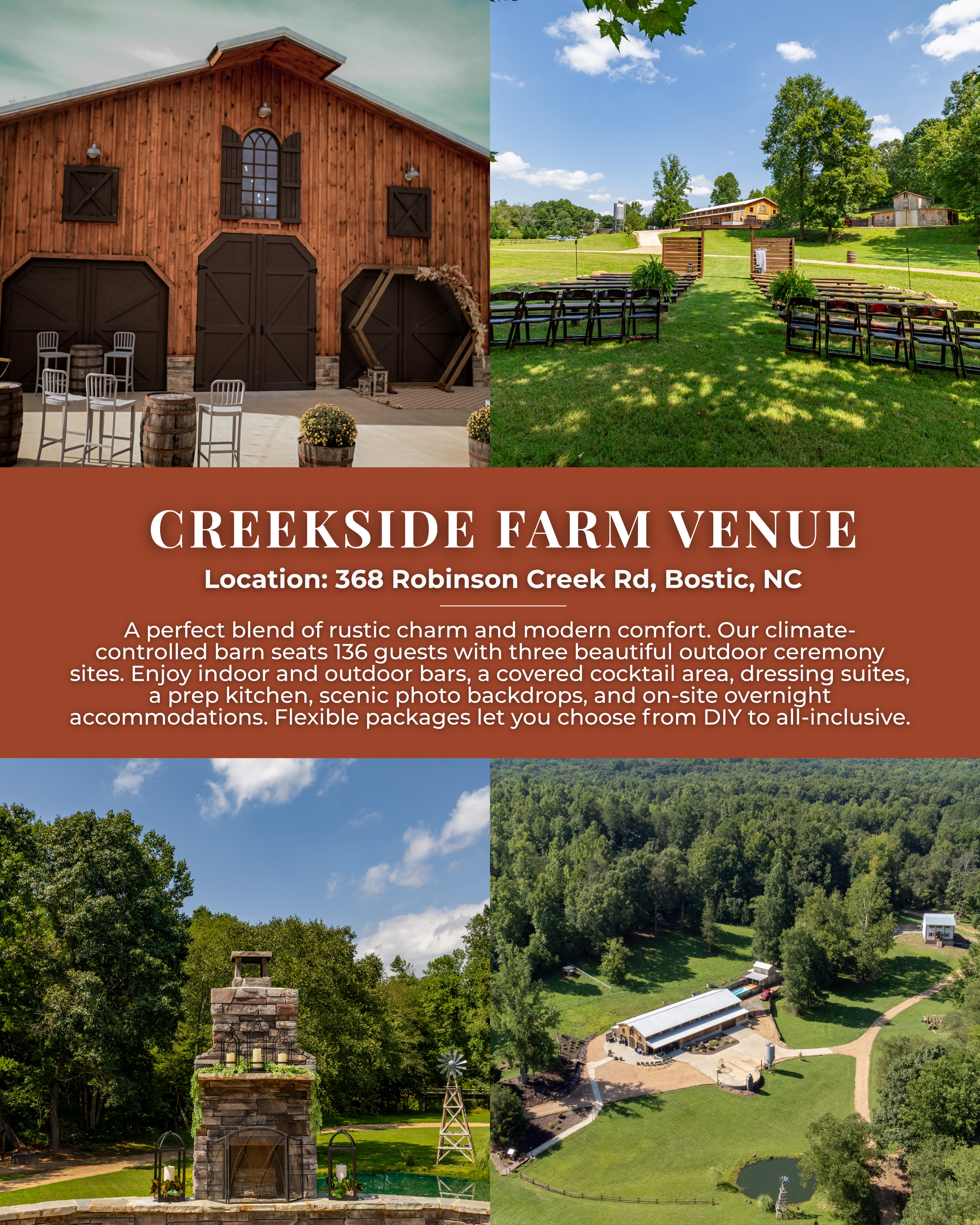 Creekside Farm Venue in Bostic North Carolina featuring a rustic barn wedding venue, outdoor ceremony space, mountain setting, and all-inclusive wedding options
