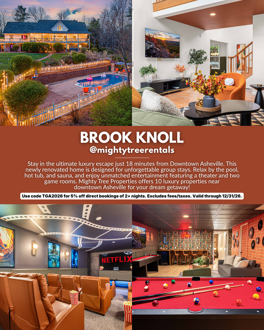 Large group luxury vacation home near downtown Asheville with private pool, hot tub, sauna, movie theater, gym, and fire pit, featured in the 2026 Travel Guides Asheville luxury Airbnbs and vacation rentals guide.