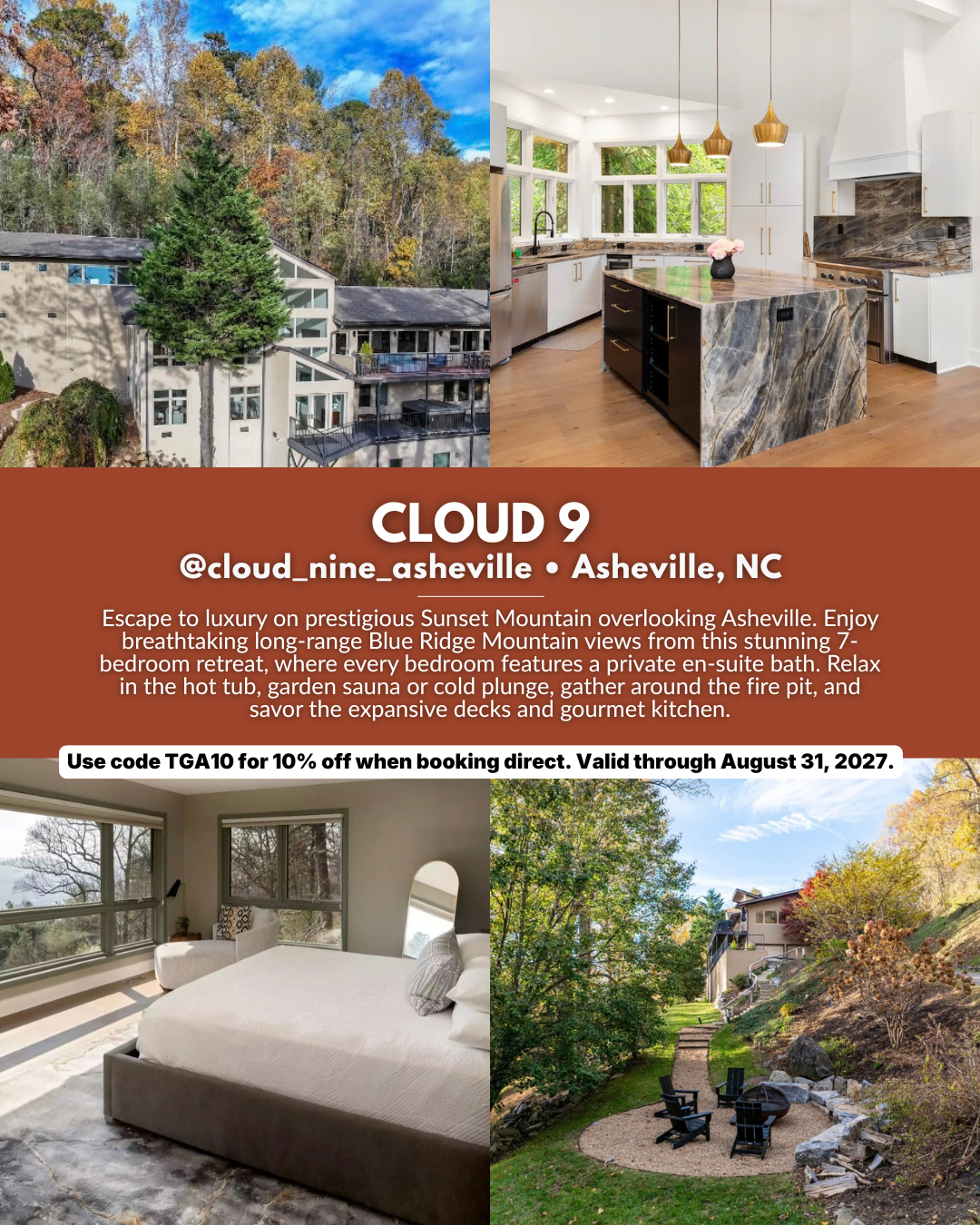 Luxury seven-bedroom vacation rental on Sunset Mountain overlooking Asheville and the Blue Ridge Mountains