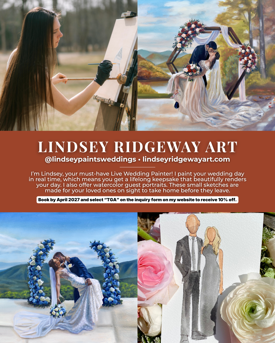 Lindsey Ridgeway Art, an Asheville live wedding painter creating custom wedding paintings and watercolor guest portraits for couples in Western North Carolina.