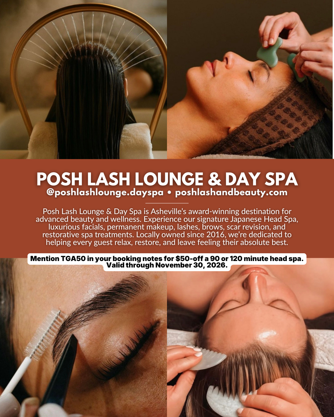 Posh Lash Lounge & Day Spa in Asheville, NC, featuring Japanese head spa, facial, brow, and beauty treatments.