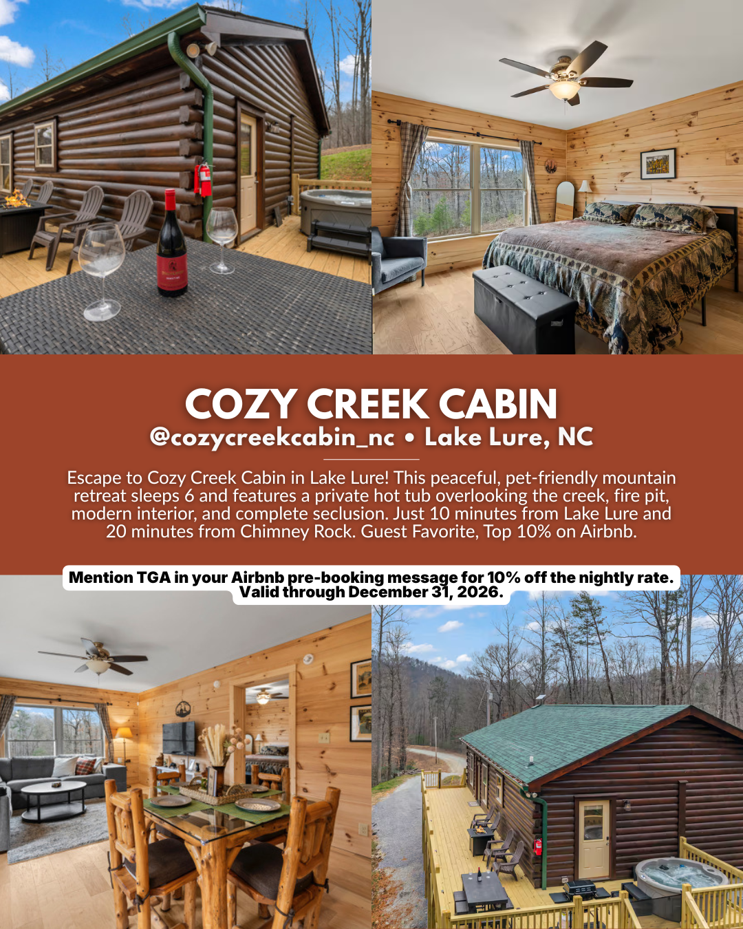 Cozy Creek Cabin vacation rental surrounded by woods in Lake Lure, North Carolina