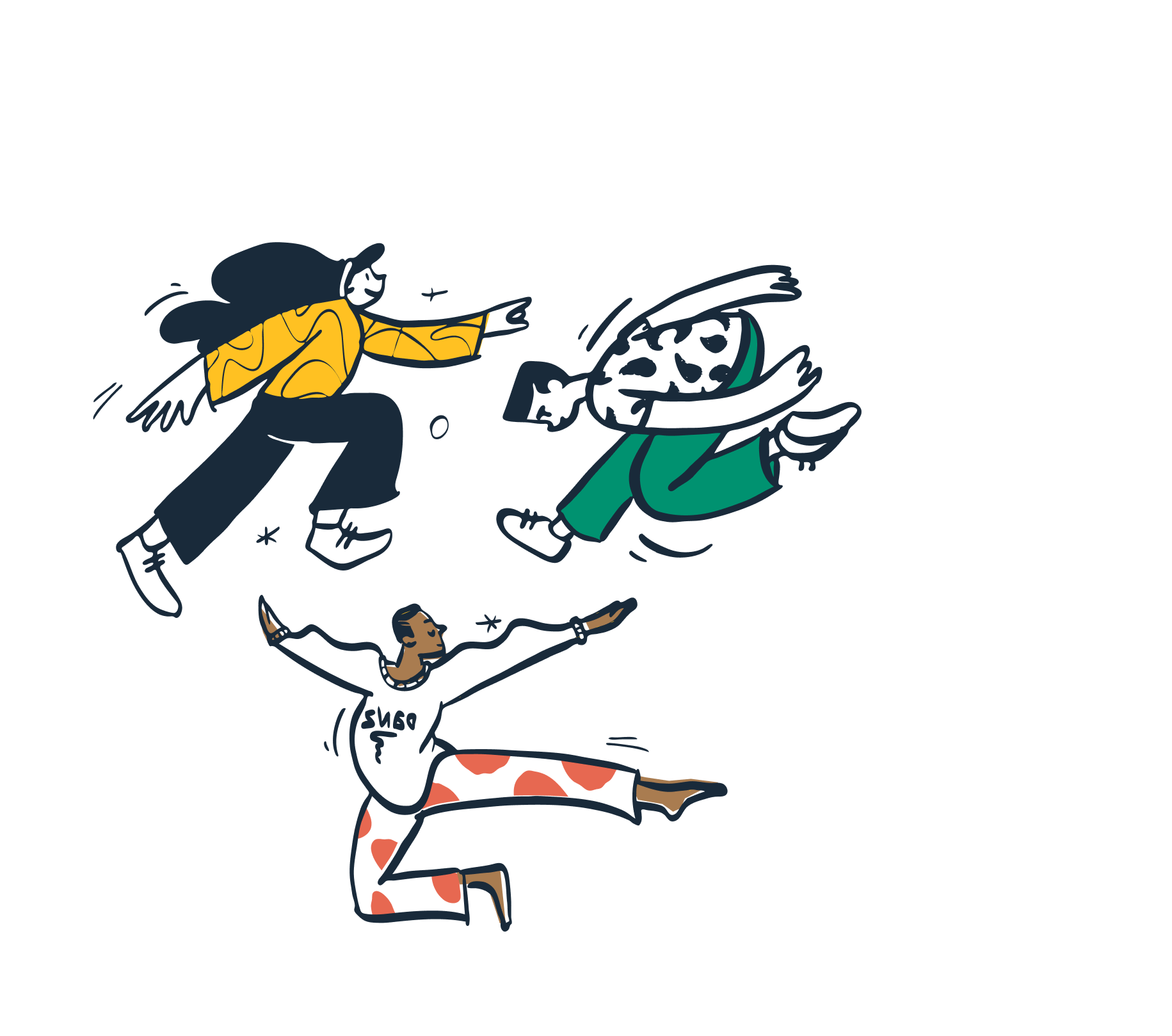 Illustration of various people in different poses and outfits, some dancing, some stretching, some standing or sitting, with simple line art and minimal color accents like yellow, green, and orange.