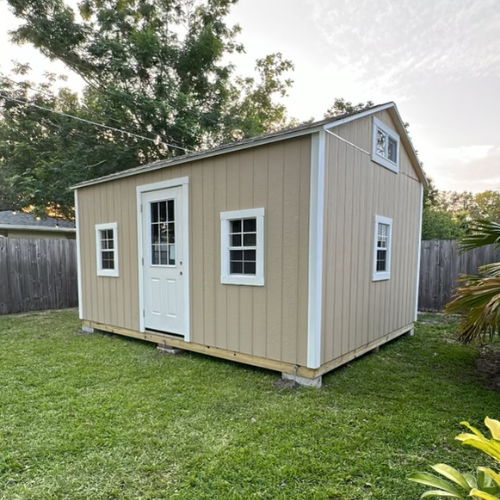12x16 with 8 ft high top walls, Residential door and slide window on gable.