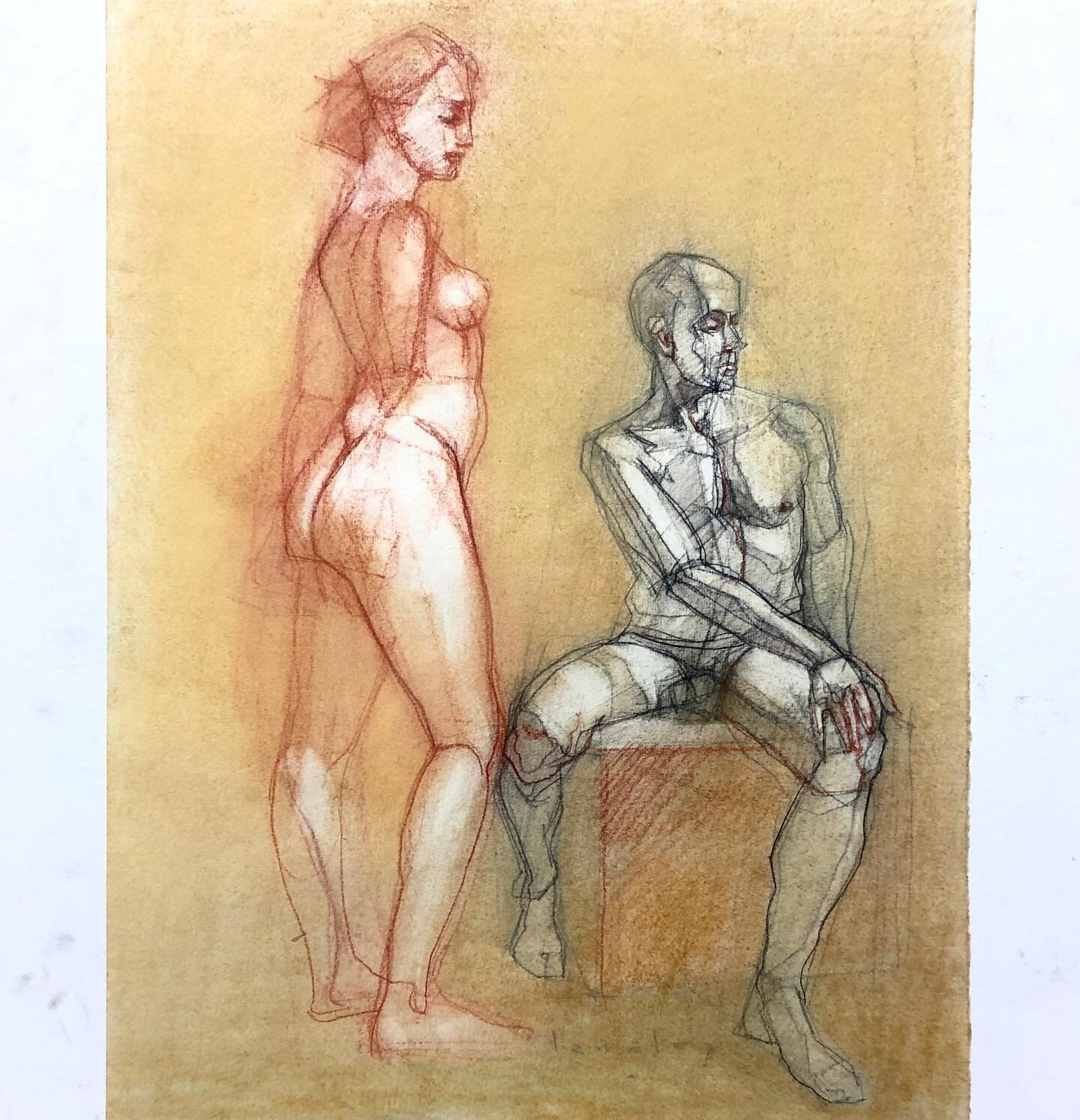 Closed Couplet 

&quot;Why rove my thoughts beyond this last retreat?
Why feels my heart its long-forgotten heat?&quot;

Alexander Pope's &quot;Eloisa to Abelard.&quot;

Figure pairing in sanguine and black Conte crayon with Naples yellow powdered pi