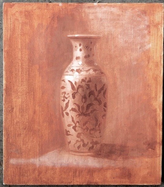 When the model sleeps my dear blue and white porcelain vase stands tall. 
Thou still unravish'd bride of quietness,
 Thou foster-child of silence and slow time,

China Vase in Burnt Siena oil on canvas 16&rdquo;x12&rdquo;

#ode 
#innamorata  #naturem