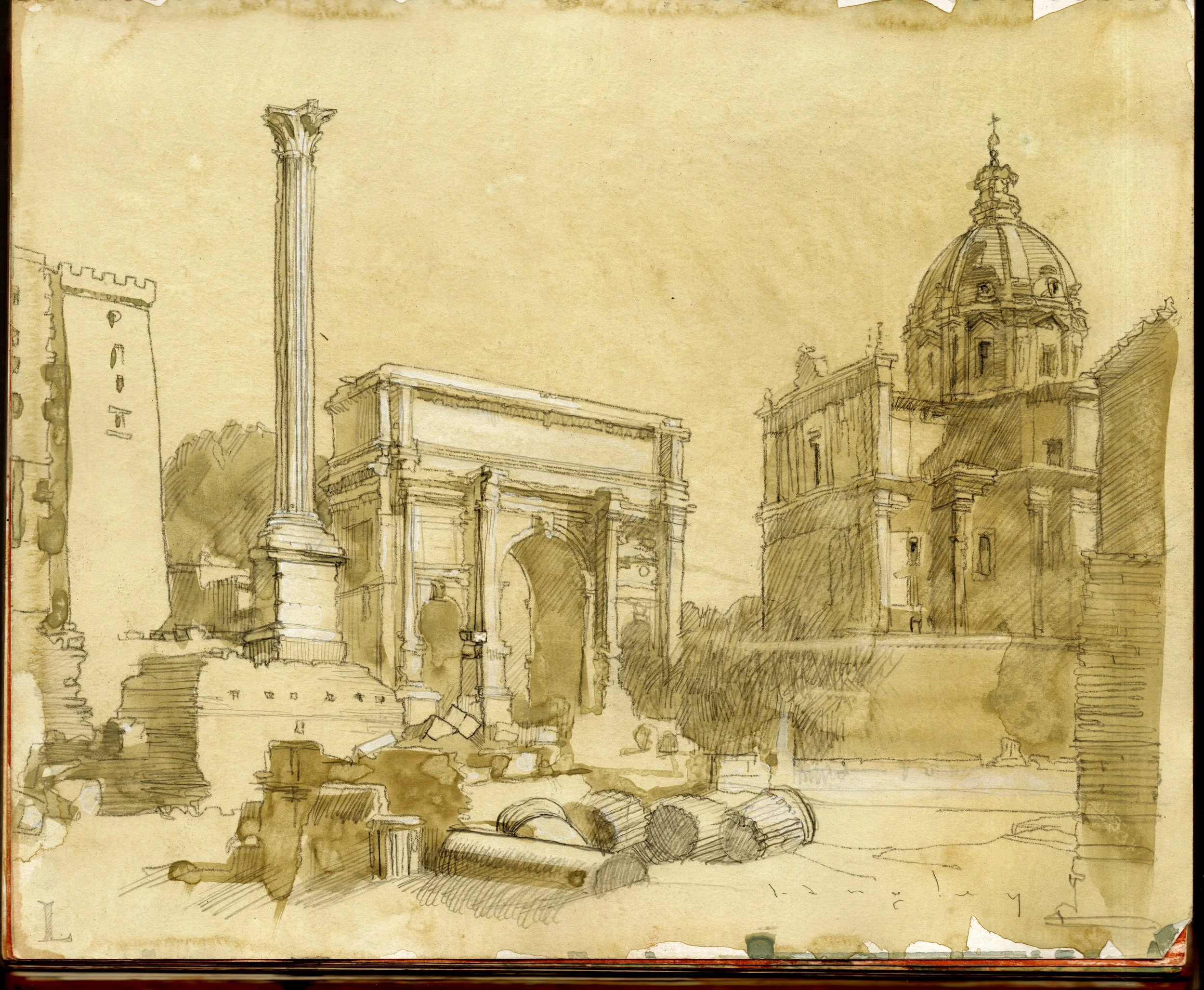 10 Langley Roman Forum in gold monochrome watercolor unframed.jpg