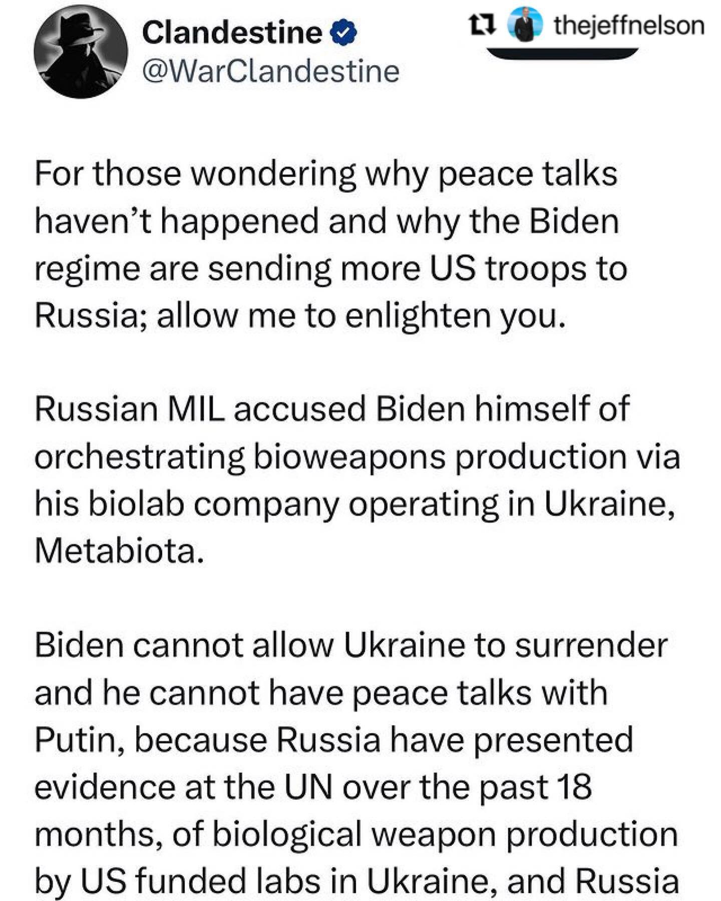 23 million to Bidens&rsquo; METABIOTA, INC. to research bat viruses and coronaviruses in their Ukraine lab. Yeah, let&rsquo;s keep this stupid war going. They&rsquo;re just Ukrainians&hellip;

#Repost @thejeffnelson 

join me here before im suspended