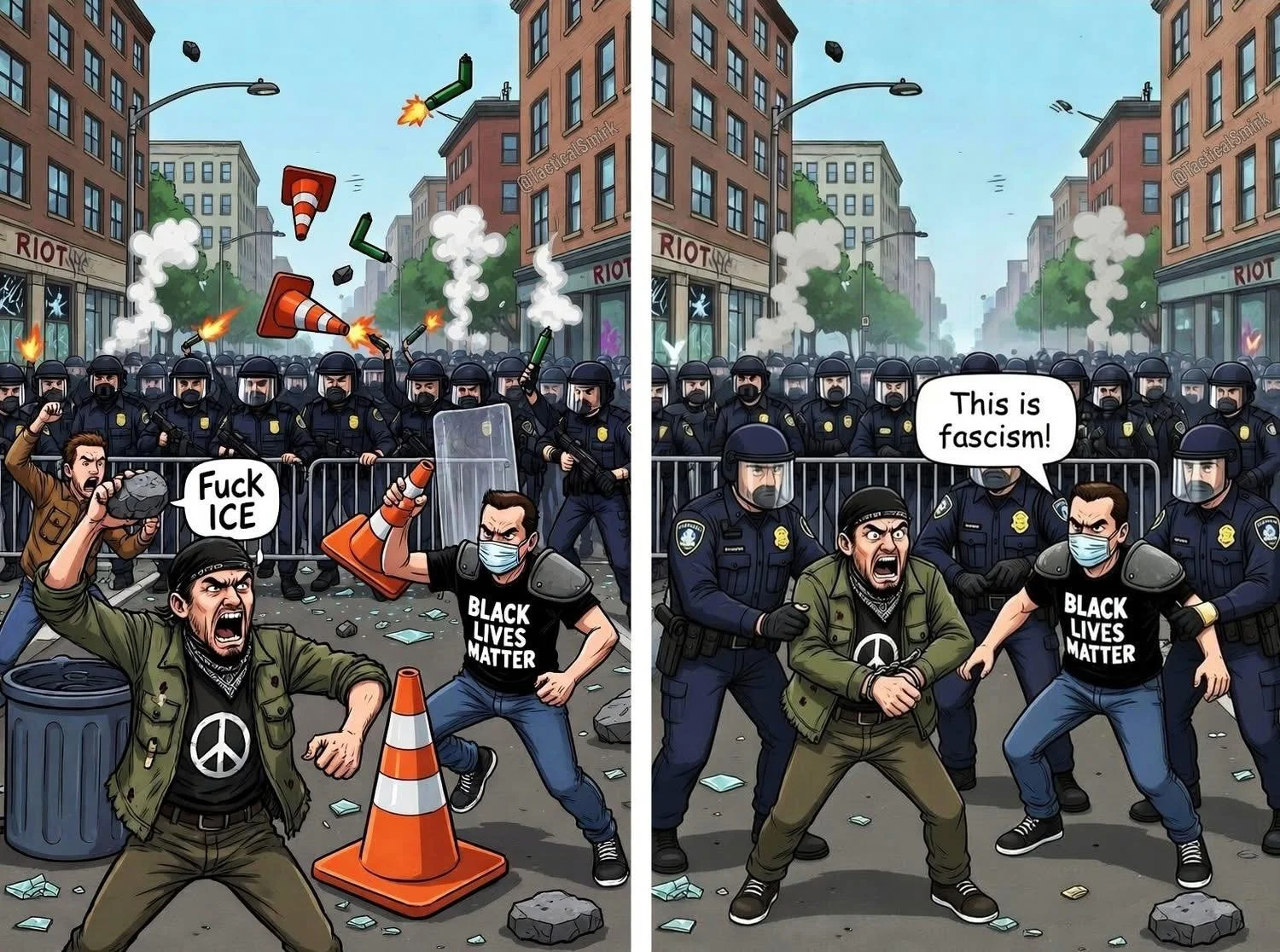 ICE are not riot police. There are no city police enforcing laws. Democrats ordered stand down. Theres no police presence. Ice are conducting trageted raids for illegal aliens a federal crime. You have fhe right to peaceful assembly and free speech. 