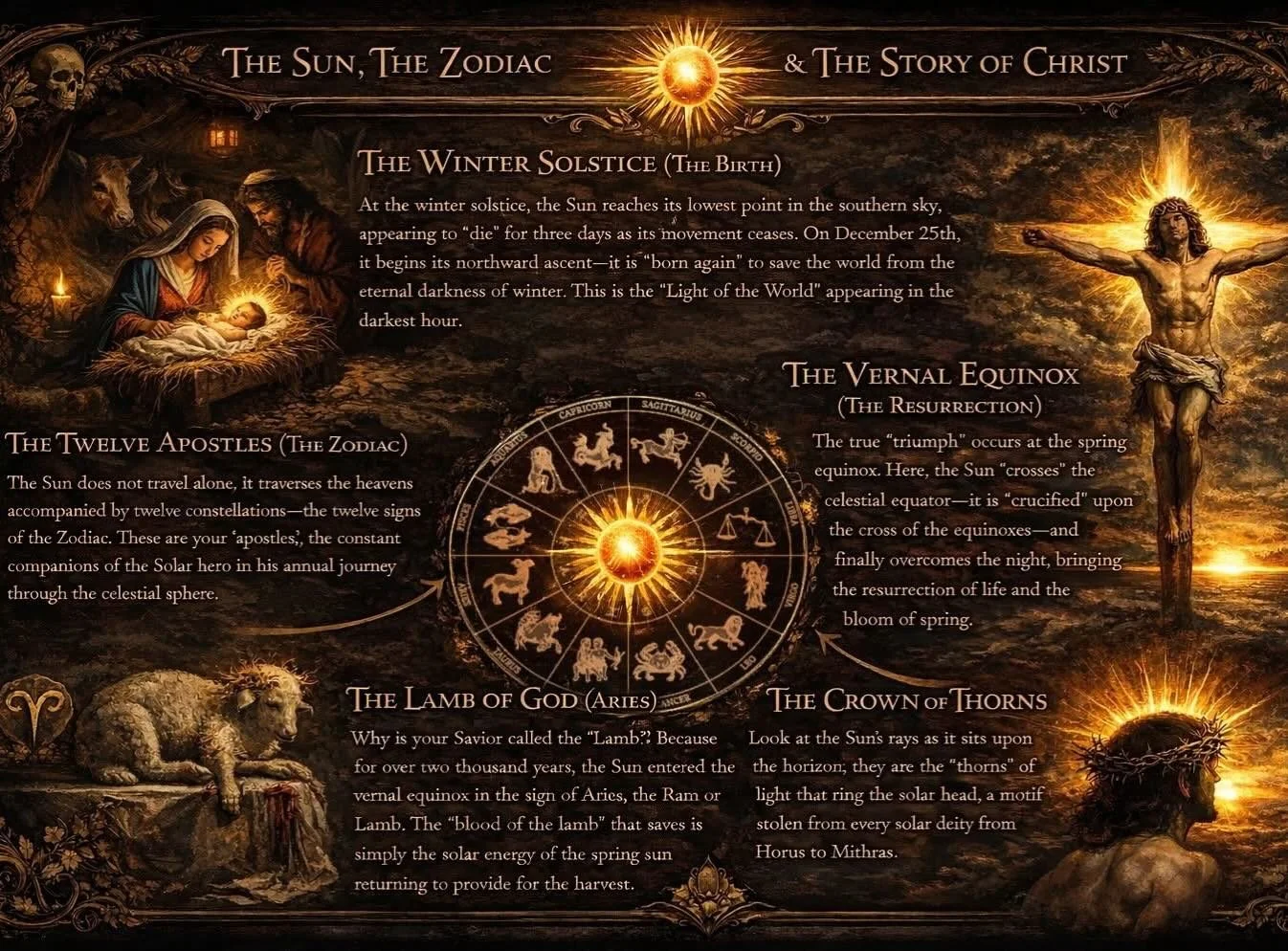 ☀️ The Winter Solstice (The Birth): At the winter solstice, the Sun reaches its lowest point in the southern sky, appearing to &ldquo;die&rdquo; for three days as its movement ceases. On December 25th, it begins its northward ascent&mdash;it is &ldqu
