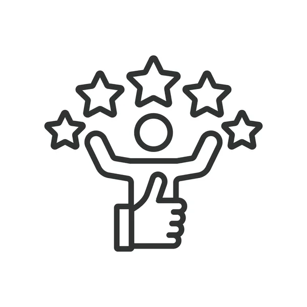 Line drawing of a person with raised arms surrounded by five stars and a thumbs-up hand symbol.