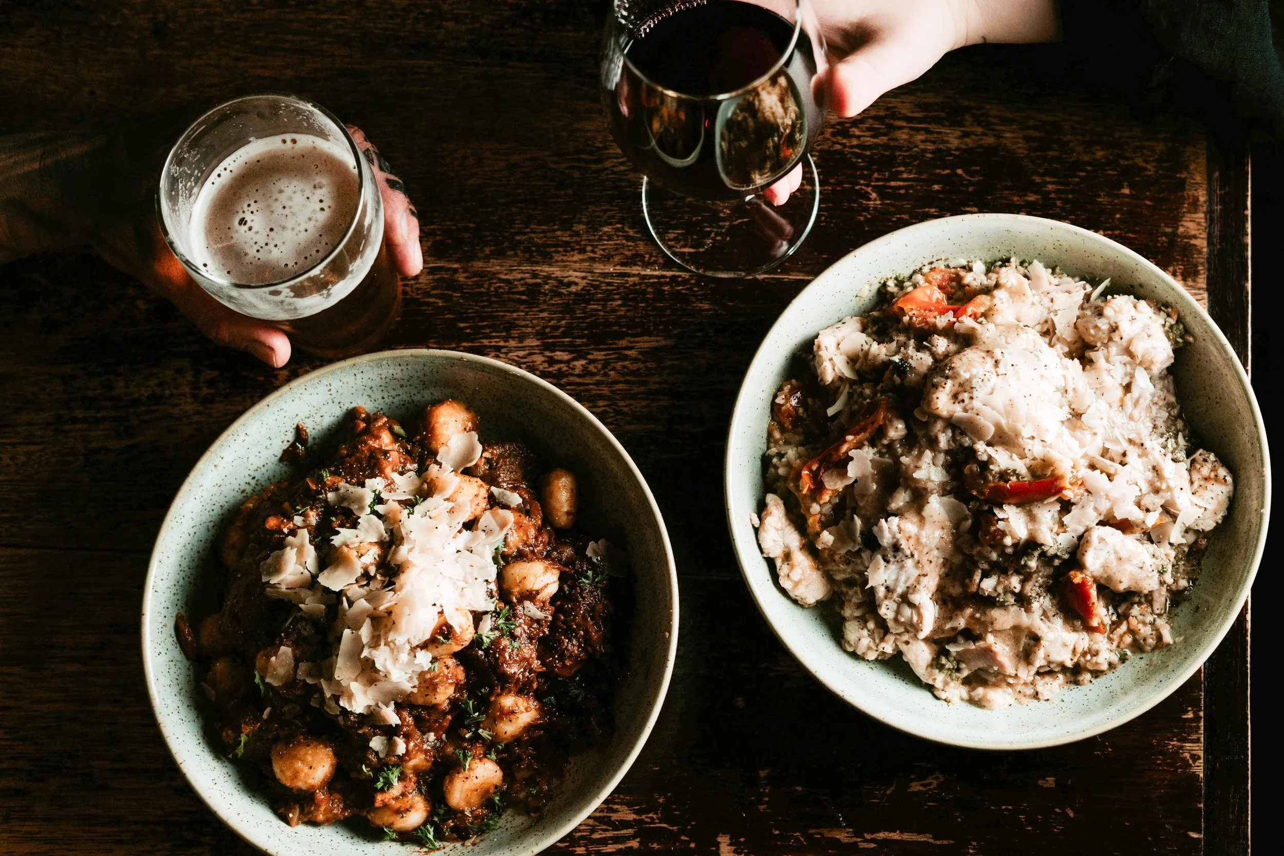 Beef Ragu Gnocchi (left) & Pesto Chicken Risotto (right)