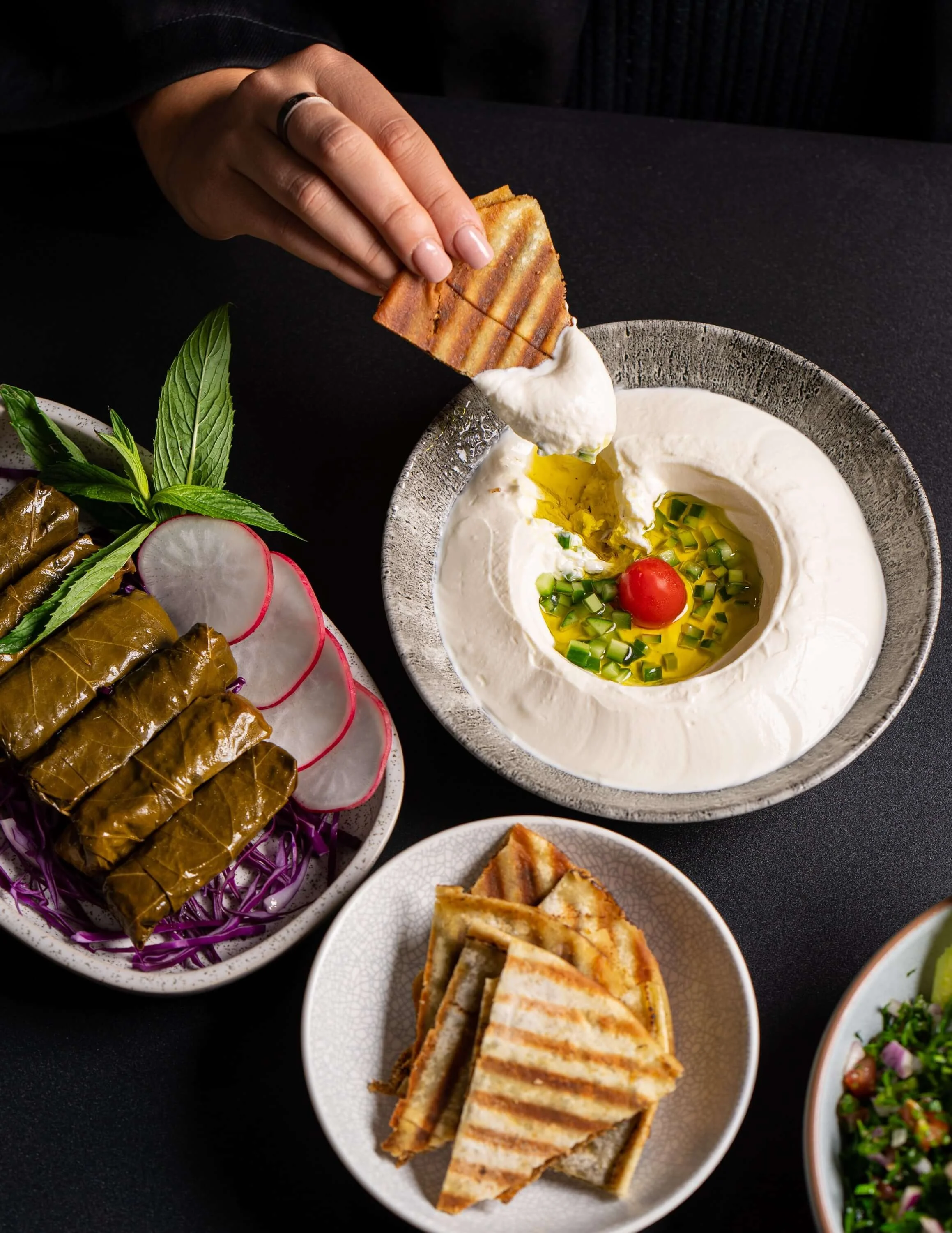  Mezza treats like Aged cheese mixed with spanish onion, tomato, cucumber &amp; extra virgin olive oil 