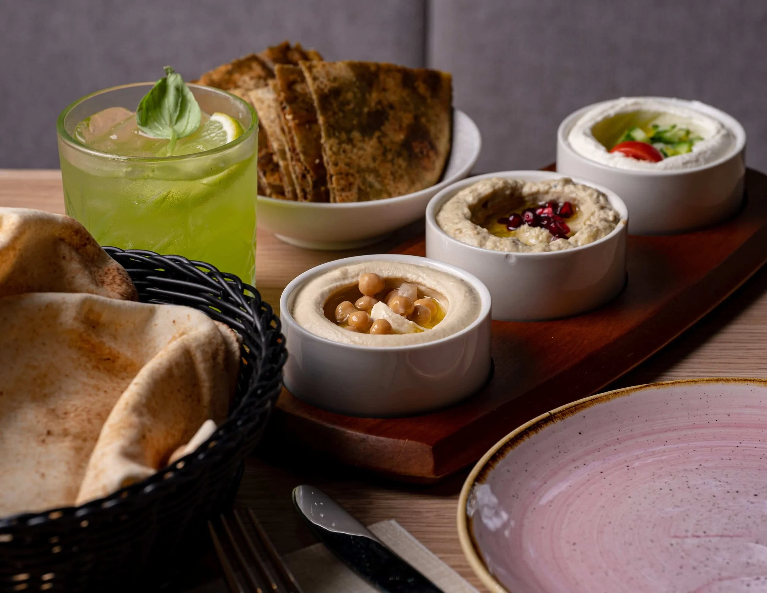  Hommos, baba ghanouj &amp; labne served with zaatar bread 