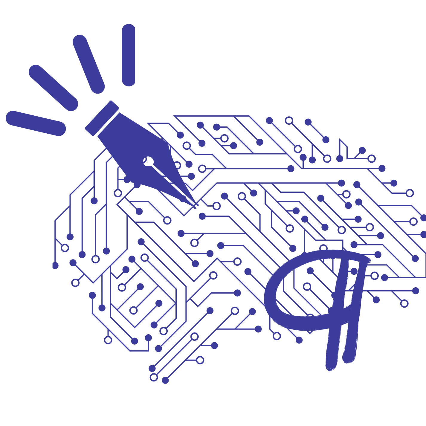 A graphic illustration of a fountain pen drawing on a circuit board that resembles a brain, symbolizing technology and knowledge.