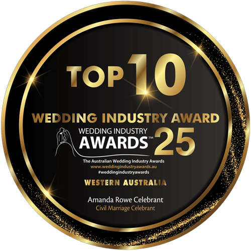 Gold and black circular award plaque for the Top 10 Wedding Industry Awards 2025, Western Australia, presented to Amanda Rowe Celebrant, Civil Marriage Celebrant, with website and hashtag details.