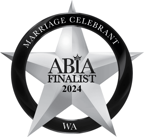 Silver star badge with black circular border reading 'Marriage Celebrant' at the top and 'WA' at the bottom, with the central text 'ABIA Finalist 2024' and a crown above 'ABIA'.