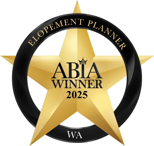ABIA Winner 2023, Elopement Planner, Washington, gold star badge with black ring and gold text.