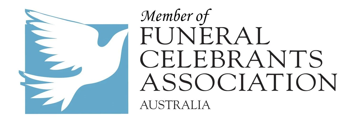 Logo for the Member of Funeral Celebrants Association Australia featuring a white dove in a blue square