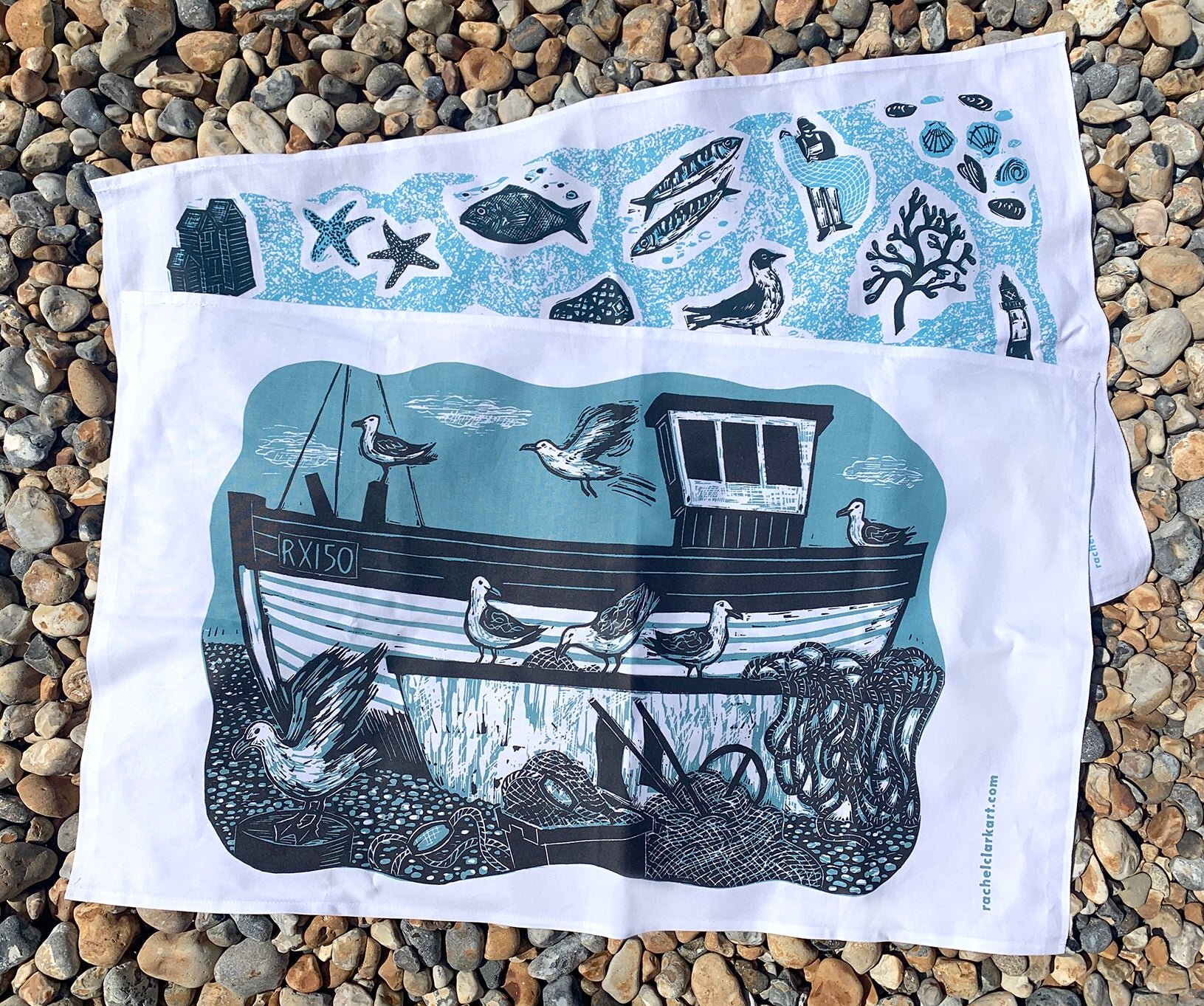 Fishing boat and gulls' tea towel — Rachel Clark Art