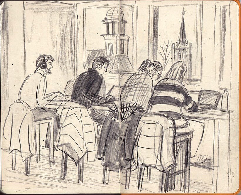 #sketching in the library The students engrossed in their work Just before taking the photo there was a student swap. Woman in striped jumper was replaced with guy in black. I wasn&rsquo;t quite sure if the man sitting in a big chair was reading or a