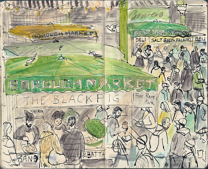 I was in #london for a friends birthday and stopped off at @boroughmarket in the morning Tried to resist eating lots of food as we were out for dinner later Brought my #sketchbook and #ink I chatted with visitors tucking into their food whilst #sketc