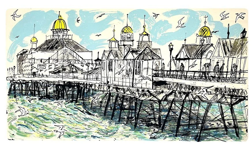 New #screenprints ! I&rsquo;ve been #drawing around #sussex a lot these past few months and wanted to try a different #printingprocess This one is #eastbournepier I printed @eastsideprint_brighton on 50 x 70cm paper Using crayons with dip pen and acr