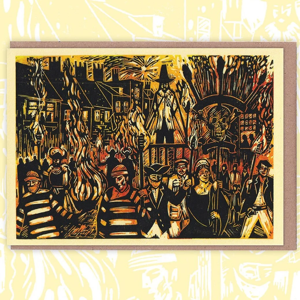 Not long til #bonfirenight🔥 It&rsquo;s always a big event in my hometown of #Lewes Here&rsquo;s my #bonfireprocession #linocut print Now available as a card ⭐ Images are from thumbnail sketch to final print Lovely to receive positive reviews too Tha