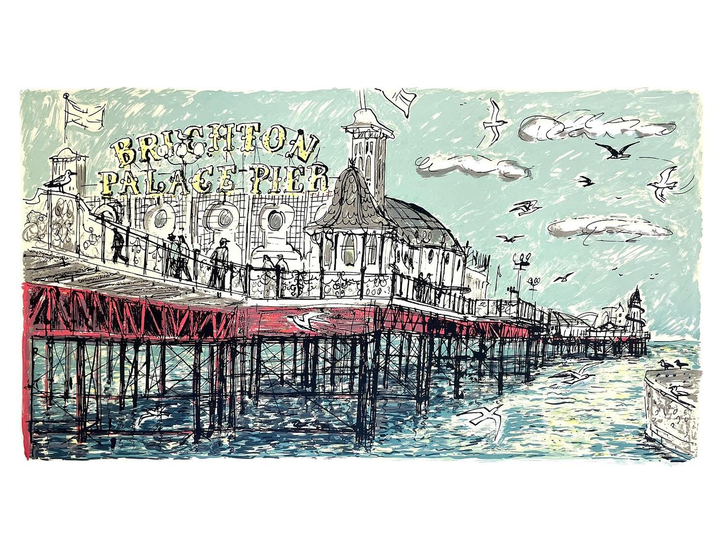 Another #screenprint This time #brightonpier ! Take a look at the #printprocess in my stories Worked in layers using drafting film and acrylic inks Will be showing my print during @artwavefestival #printmakingartists #brightonprint #architectureprint