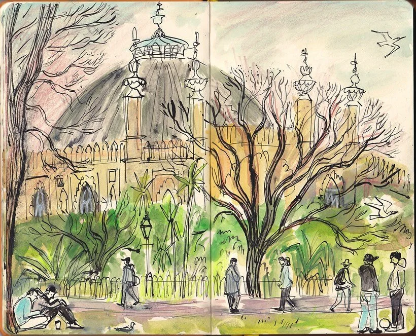 More #drawings from Brighton This time #brightondome from the Royal Pavilion Gardens The two boys on the right had been playing football. Lots of people passing through #walktosee #brightondraw