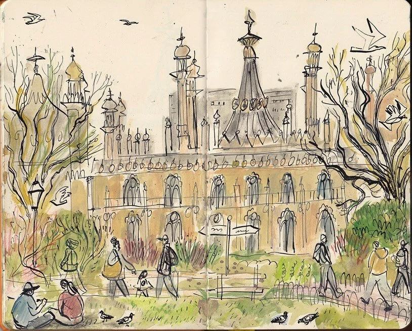 Before I visited the private view at the Phoenix gallery yesterday I sat in #brightonpaviliongardens and sketched the Royal Pavilion and gardens Tbh I kept starting and stopping and almost gave up Eventually I found my stride Lovely weather It felt l