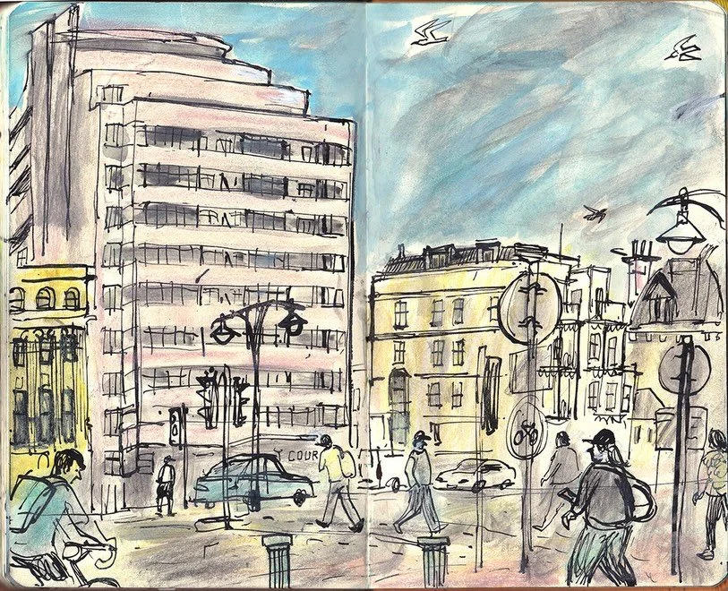 When the sun is out it&rsquo;s especially nice walking in Brighton. Headed to Hove and sketched towards #embassycourt the i360 and #peacestatue Lots of dog walkers and people out Often I draw the same view a number of times and vary composition. Some