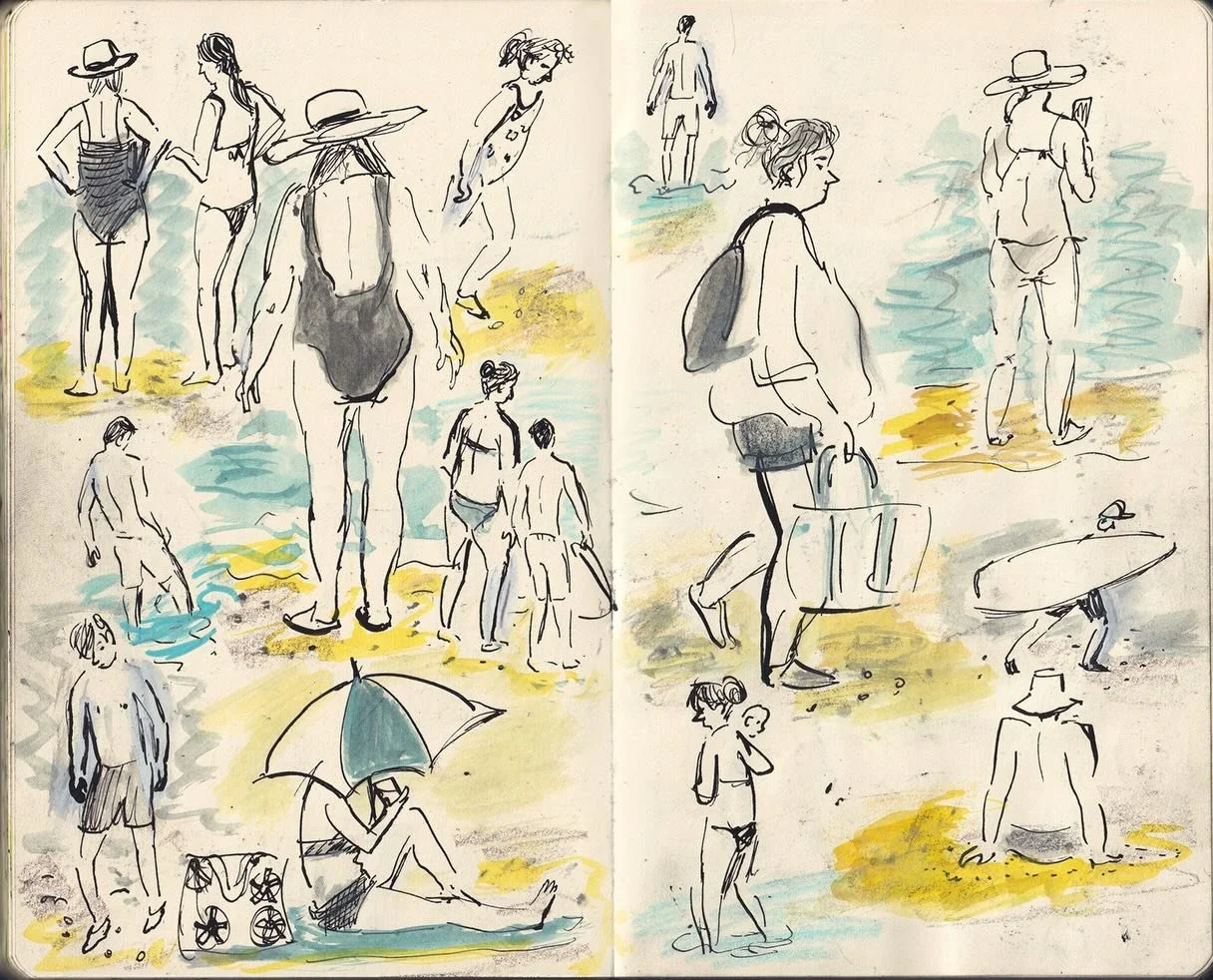 Are you enjoying the hot weather!? I&rsquo;ve been visiting Seaford beach and in between dips sketching visitors. #sketchbook #walktoseepeople