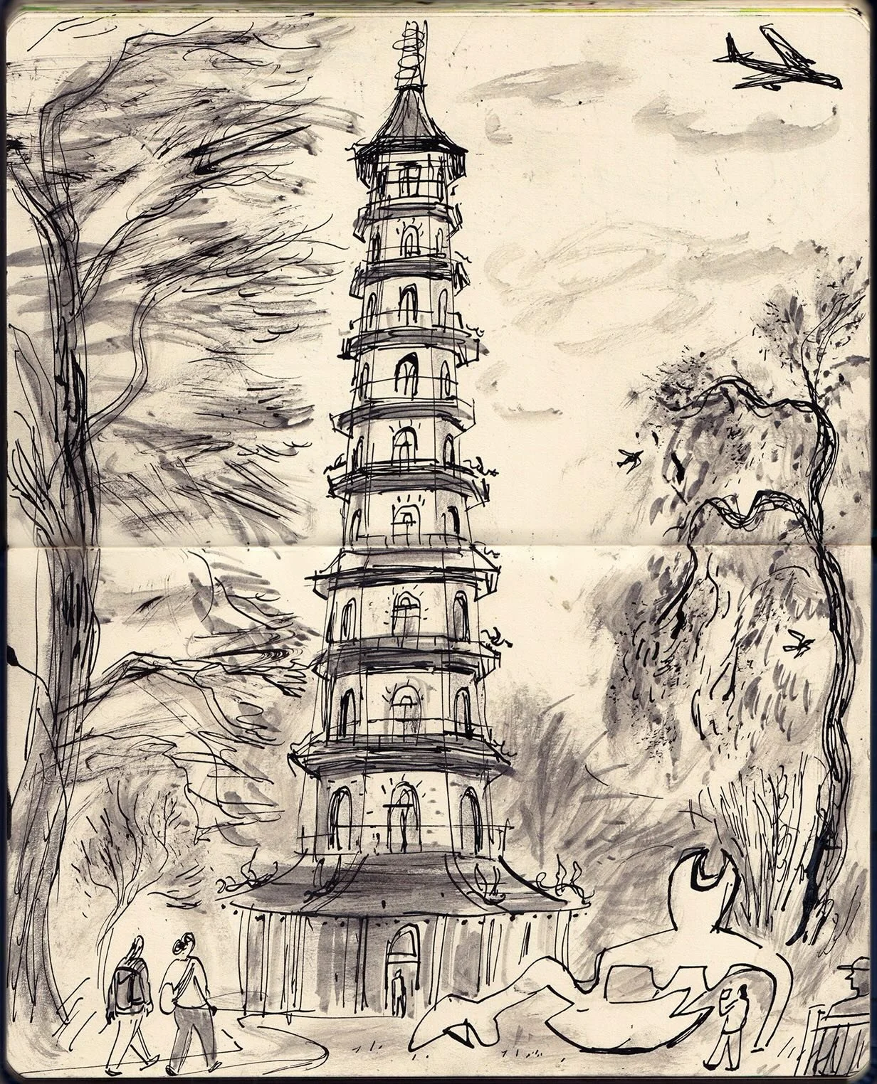 I visited @kewgardens last week to see the #HenryMoore exhibition. It was so good! The weather a bit variable but it didn&rsquo;t matter. I sat on a bench and sketched The great #Pagoda with Moores Large Reclining Figure from 1983 sitting in front. I