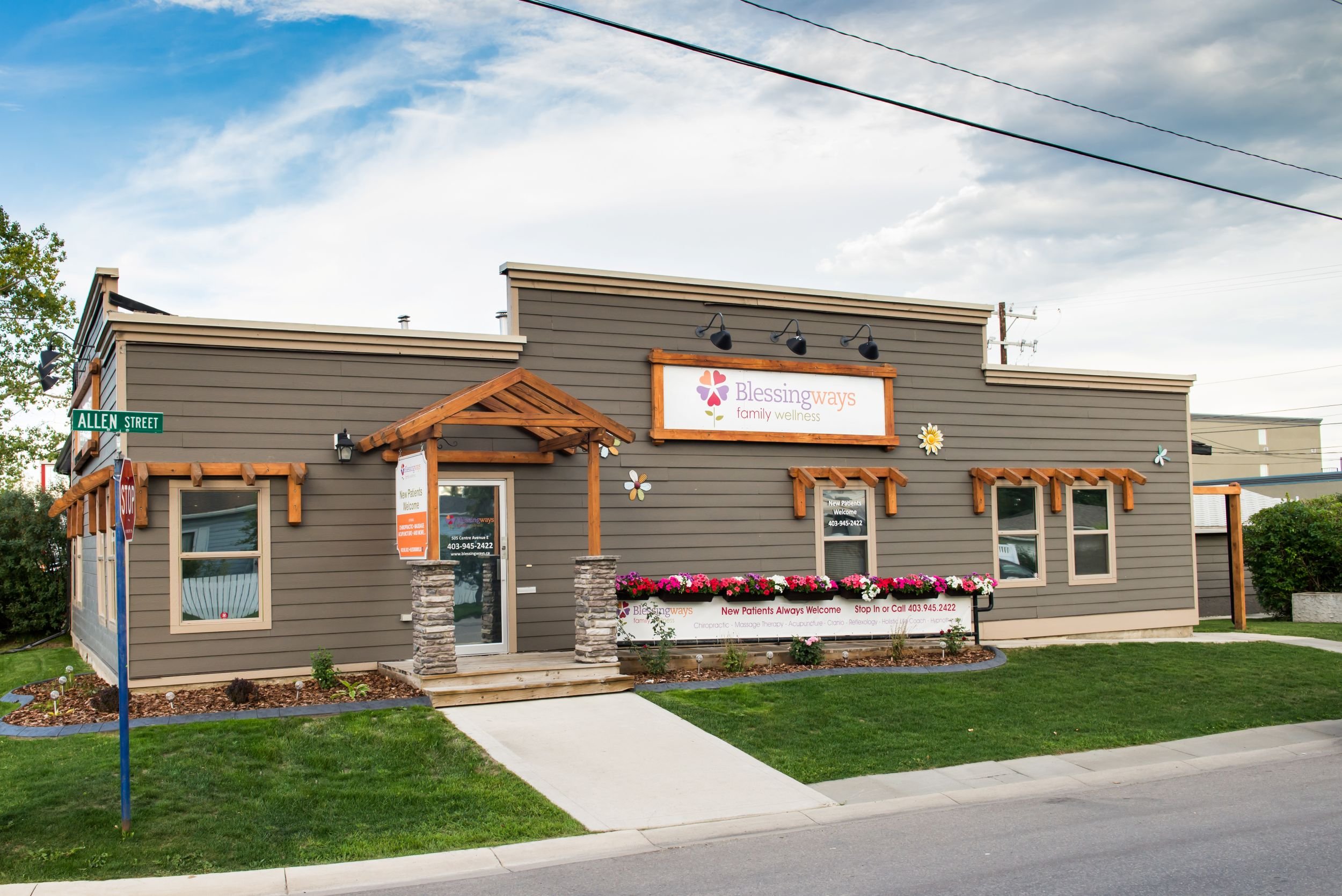 Current exterior of Blessingways Family Wellness in Airdrie, Alberta — a welcoming chiropractic, massage, and reflexology clinic dedicated to family health and community wellness.