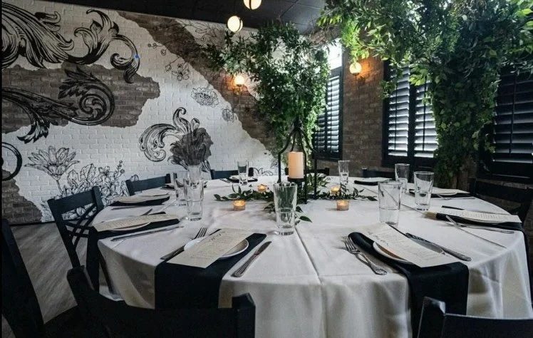 Our beautiful Oak Room, where intimacy meets elegance. A stunning mural, warm brick and touches of greenery create a space that feels both refined and inviting. Perfect for showers, dinner parties, birthdays and events accommodating up to 50 guests.?