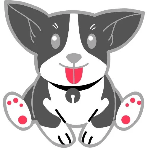 Cute cartoon black and white puppy with a sticking-out tongue, sitting with its paws up, with pink paw pads and a black collar with a bell.
