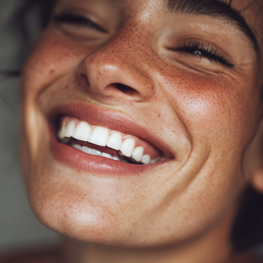 Close-up of a smiling person with freckles, showing teeth and joyful expression.