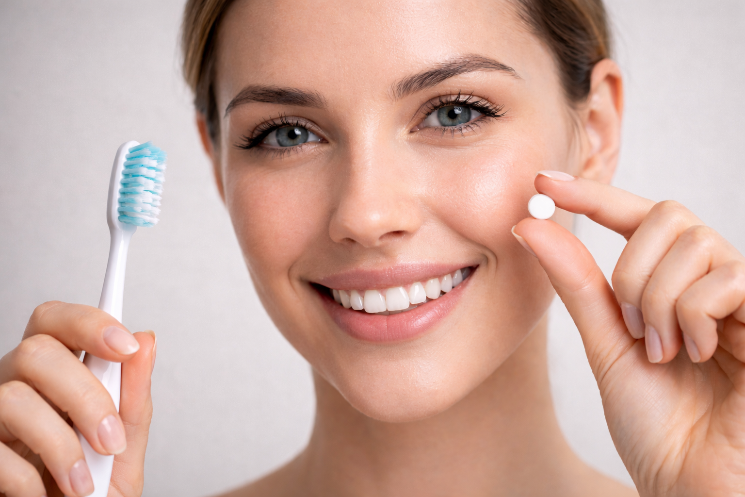 A smiling woman holding a toothbrush and an oral probiotic, standing against a light-colored background.