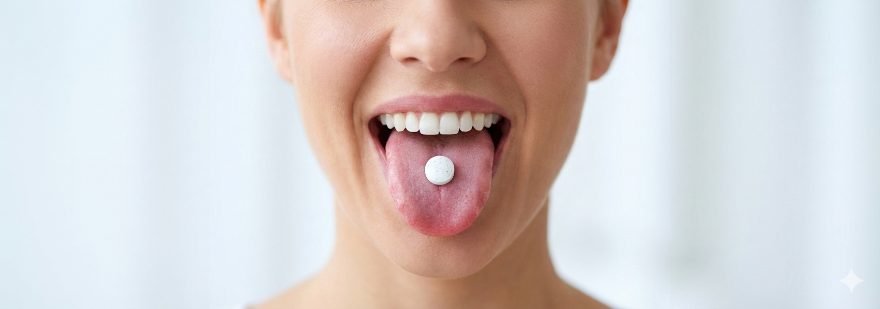 A woman with open mouth sticking out her tongue, showing a white tablet on her tongue.